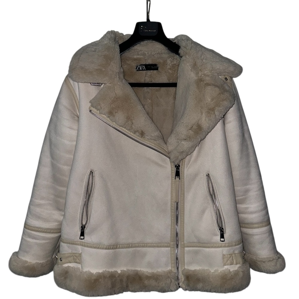 ZARA Women's Faux Suede Double Faced Long Jacket (Ecru, US L/EUR L)